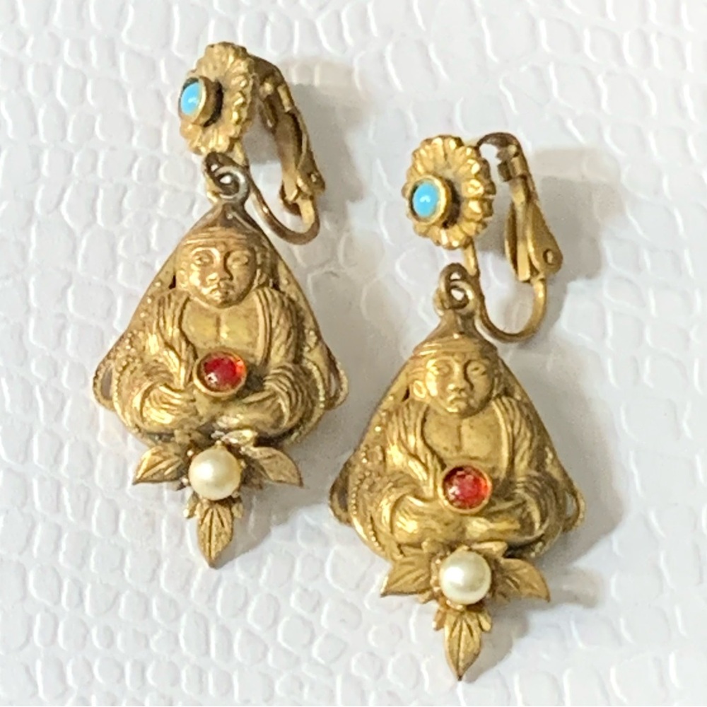 RARE Vintage Signed Schrager Buddha Asian Figural Turquoise Rhinestone Gold Plat